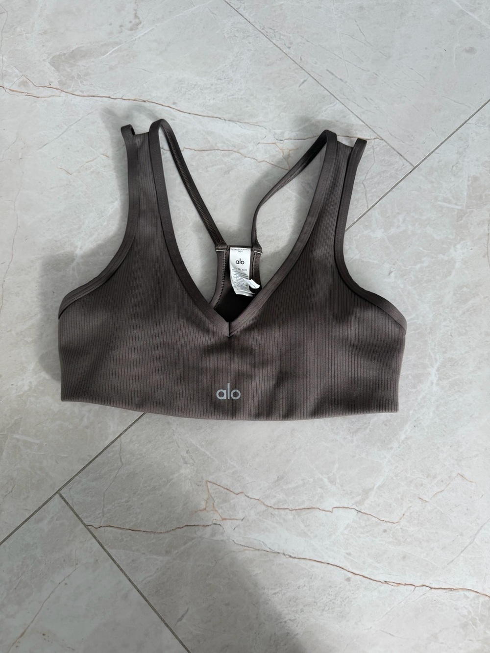 ALO Yoga Ribbed V-Neck Sports Bra in Chocolate Brown
